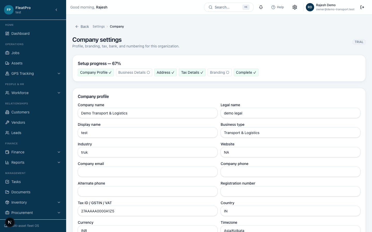 FleatPro — Company Setup